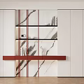 Modern Sideboard With Elegant White Cabinetry Red Countertop Marble Backsplash Open Shelves And Decorative Items