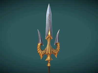 Medieval Spear Weapon With Silver Blades Golden Dragon Scale Decor And Pole Base 3d model