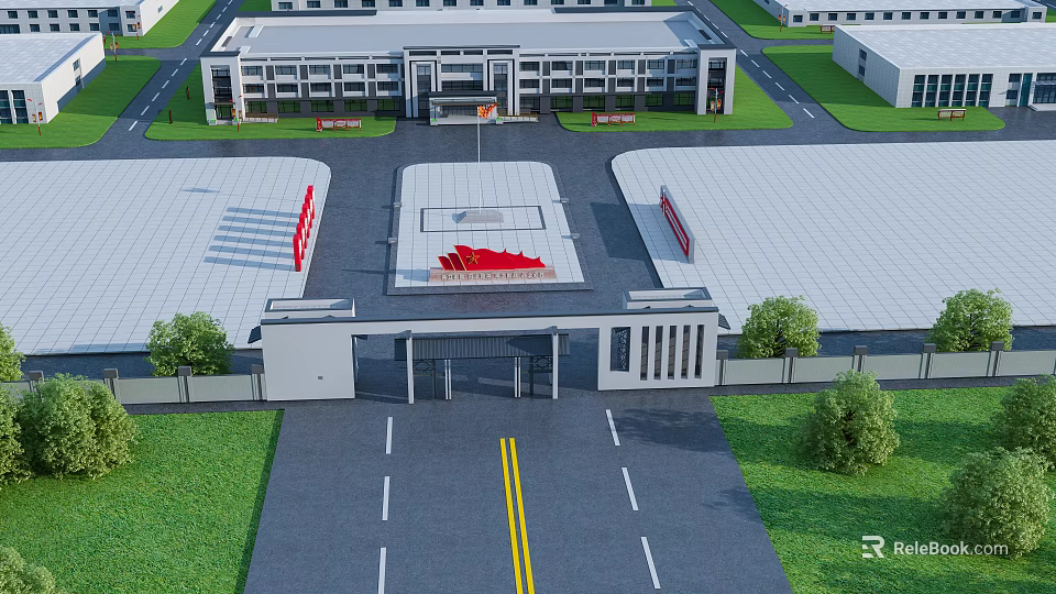 Aerial Planning of Industrial Zone with Main Gate Central Plaza Road Layout and Green Lawns 3d model 