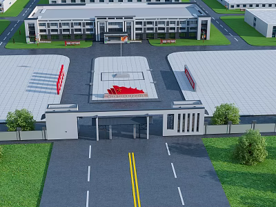 Aerial Planning of Industrial Zone with Main Gate Central Plaza Road Layout and Green Lawns 3d model