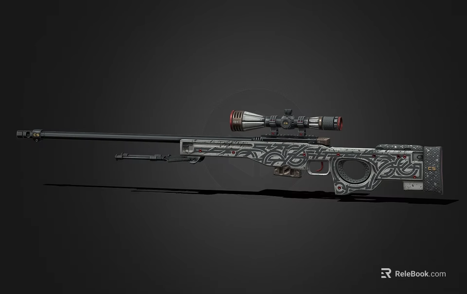 Engraved Sniper Rifle With Scope And Detailed Patterns On Black Background 3d model