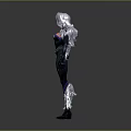Female Fantasy Character With White Long Hair Red Skin Black Tight Suit White Fur Decorations
