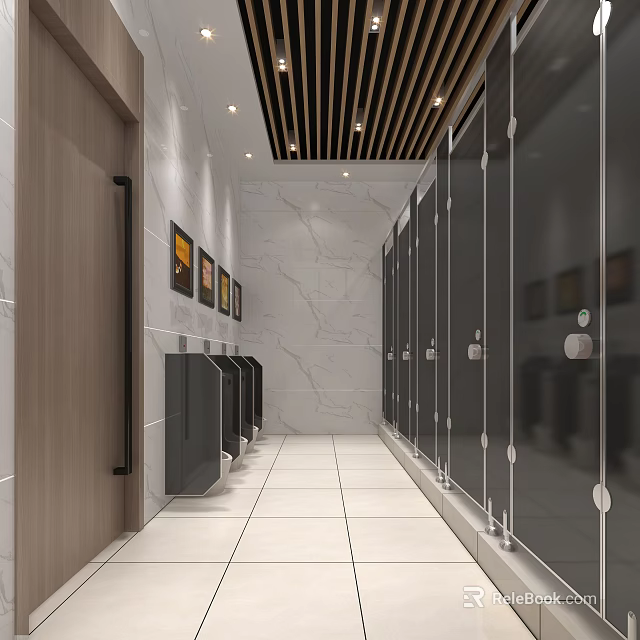 Modern Public Restroom With Marble Walls Stalls Tile Floor Wooden Ceiling And Hand Dryers 3d model 
