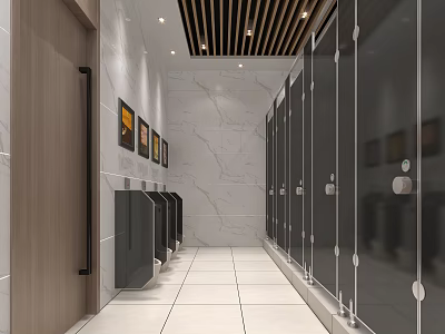 Modern Public Restroom With Marble Walls Stalls Tile Floor Wooden Ceiling And Hand Dryers 3d model