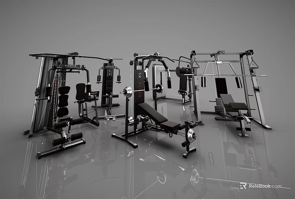Gym Sports Equipment Including Weight Benches Multi Functional Trainers And Dumbbell Racks 3d model 