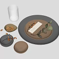 Modern Black And Beige Tableware Set With Plates Bowls Glass Leaves Nuts On Dining Table