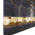 Luxury Fireplace With Golden Branches Birds Flames And Dark Marble