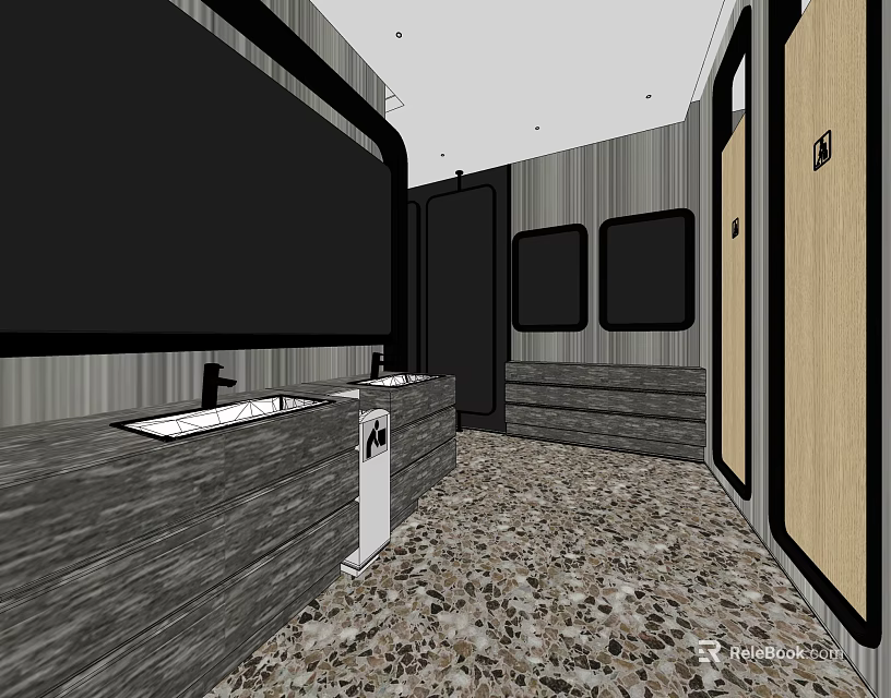 Modern Hotel Bathroom Design With Double Sinks Gray Countertop Patterned Floor Tiles And Mirrors 3d model 