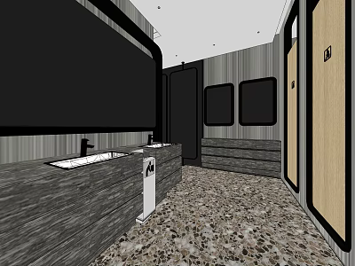 Modern Hotel Bathroom Design With Double Sinks Gray Countertop Patterned Floor Tiles And Mirrors 3d model