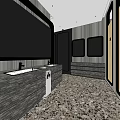Modern Hotel Bathroom Design With Double Sinks Gray Countertop Patterned Floor Tiles And Mirrors