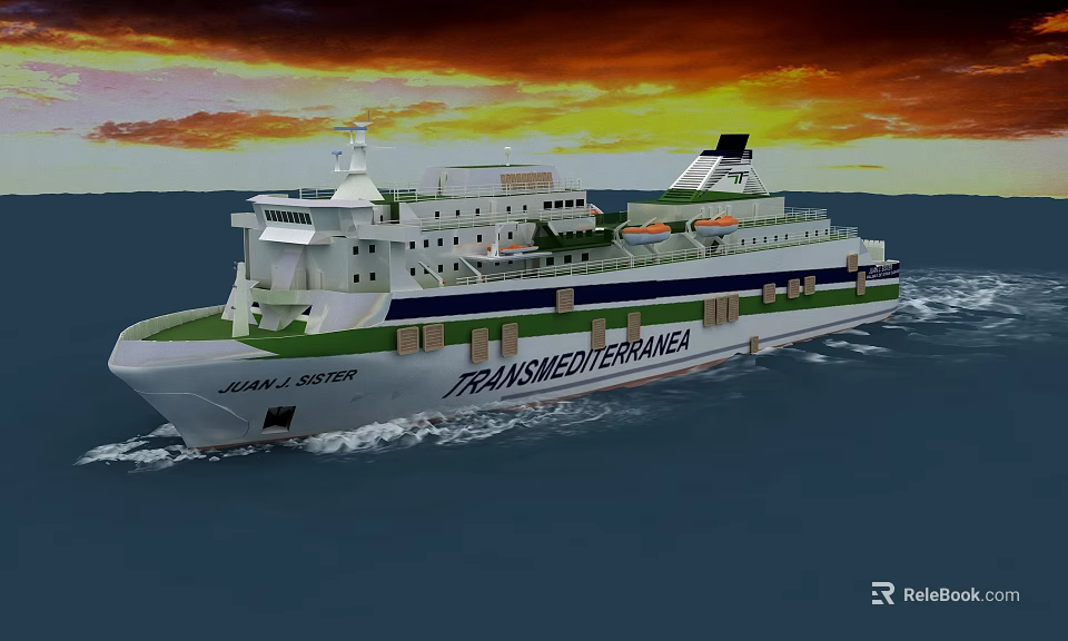 Large Passenger Ship Sailing On Sea At Sunset 3d model 