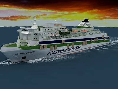 Large Passenger Ship Sailing On Sea At Sunset 3d model