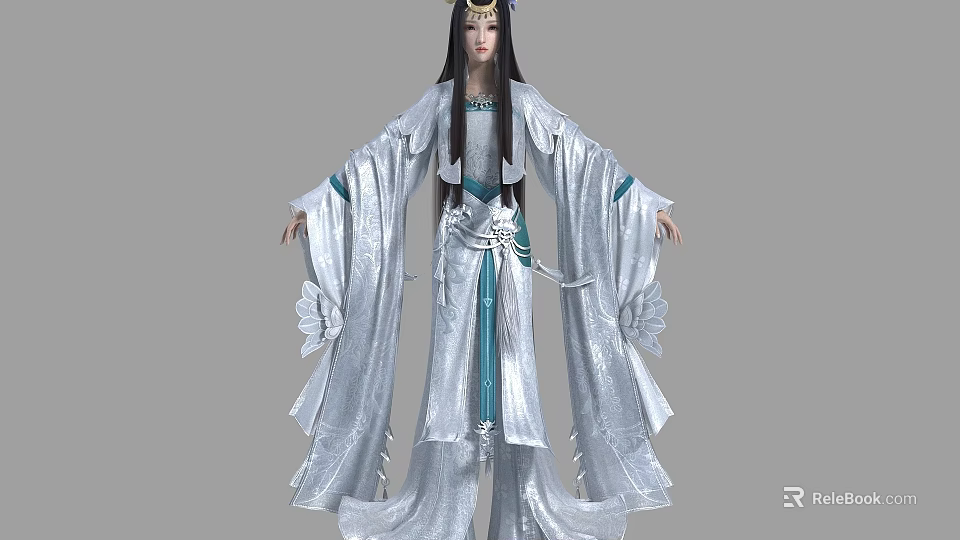 Woman in Elegant Traditional White Robe with Blue Accents Flowing Sleeves and Ornate Headdress 3d model 