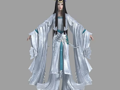 Woman in Elegant Traditional White Robe with Blue Accents Flowing Sleeves and Ornate Headdress 3d model