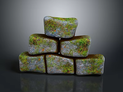 Wooden Stone Stacked Blocks With Moss Covered Colorful Spots And Natural Texture 3d model