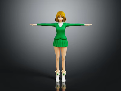 3D Anime Character With Blonde Hair Green Outfit Skirt White Shoes And Arms Outstretched 3d model