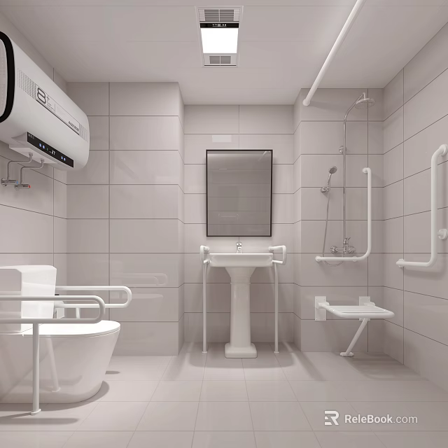 Modern Public Restroom With White Tile Walls Grab Bars Toilet Sink And Mirror 3d model 
