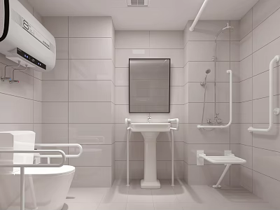Modern Public Restroom With White Tile Walls Grab Bars Toilet Sink And Mirror 3d model