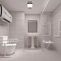 Modern Public Restroom With White Tile Walls Grab Bars Toilet Sink And Mirror