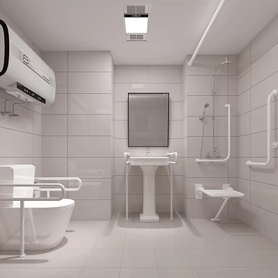 Modern Public Restroom With White Tile Walls Grab Bars Toilet Sink And Mirror 3d model
