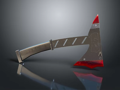 3D Model Axe With Silver Metal Handle And Red Reflective Blade On Black Background 3d model