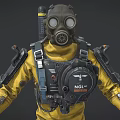 Game Movie Character In Yellow Protective Suit With Gas Mask And Harness Equipment