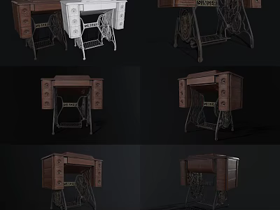 Vintage Industrial Sewing Machine With Wooden Workbench Drawers And Metal Frame 3d model