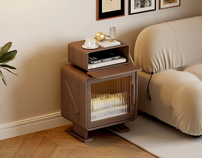 Modern Brown Wooden Side Table With Beige Sofa And Decorative Books On Top 3d model