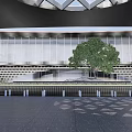 Modern Garden Landscape Design With Central Sculptural Fountain Surrounding Trees And Paved Plaza