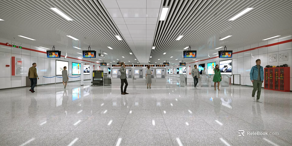 Modern Spacious Bright Station Hall With Multiple Screens And Pedestrians Walking 3d model 