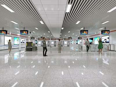 Modern Spacious Bright Station Hall With Multiple Screens And Pedestrians Walking 3d model