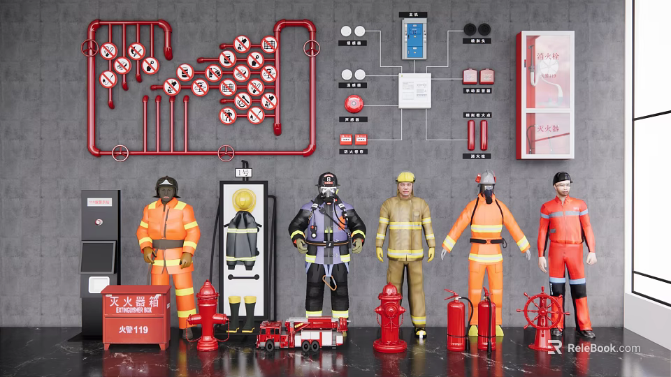 Comprehensive Fire Fighting Equipment Display Featuring Fire Pipes Fire Signs Firefighter Uniforms Hydrants And Extinguishers 3d model 