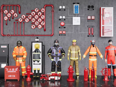 Comprehensive Fire Fighting Equipment Display Featuring Fire Pipes Fire Signs Firefighter Uniforms Hydrants And Extinguishers 3d model