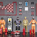 Comprehensive Fire Fighting Equipment Display Featuring Fire Pipes Fire Signs Firefighter Uniforms Hydrants And Extinguishers