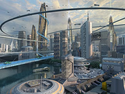 Future Architecture With Skyscrapers Circular Structures Flying Vehicles And Bridges 3d model