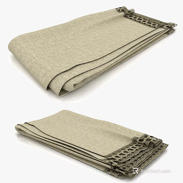 Beige Linen Table Linen With Folded Design And Decorative Lace Trim 3d model 