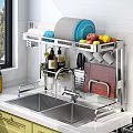 Stainless Steel Kitchenware Rack with Plates Bowls Knives Cutting Board and Spice Bottles Near Sink