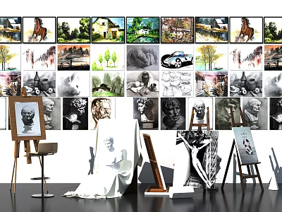 Creative Studio Display Of Musical Instruments And Art Supplies With Easels Sketches Guitars And Canvases 3d model
