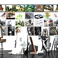 Creative Studio Display Of Musical Instruments And Art Supplies With Easels Sketches Guitars And Canvases