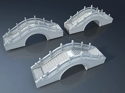Three White Stone Arch Bridge Models with Ornamental Railings and Arched Design 3d model