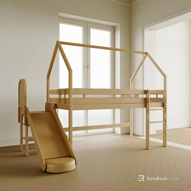 Wooden House Shaped Kids Bed With Slide And Ladder In Bright Room 3d model 