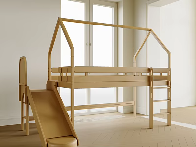 Wooden House Shaped Kids Bed With Slide And Ladder In Bright Room 3d model