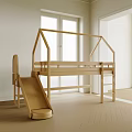 Wooden House Shaped Kids Bed With Slide And Ladder In Bright Room
