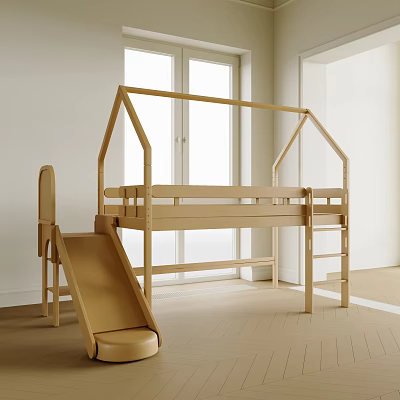 Wooden House Shaped Kids Bed With Slide And Ladder In Bright Room 3d model