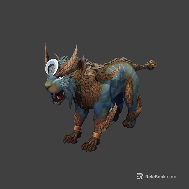 Mythical Feline Creature Character With Horns Crescent Ornament Blue Brown Fur Texture 3d model 
