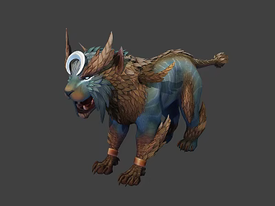 Mythical Feline Creature Character With Horns Crescent Ornament Blue Brown Fur Texture 3d model