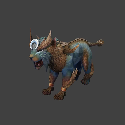 Mythical Feline Creature Character With Horns Crescent Ornament Blue Brown Fur Texture 3d model