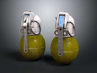 Two Green Hand Grenades With Metallic Fuse Mechanism And Safety Pins 3d model