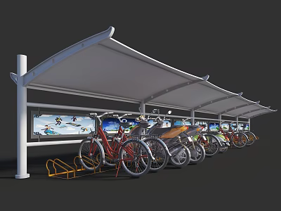 Modern Outdoor Bicycle Parking Canopy with Multiple Bicycles and Display Panels 3d model