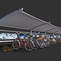 Modern Outdoor Bicycle Parking Canopy with Multiple Bicycles and Display Panels 3d model
